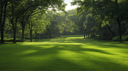 Early morning light filters through the leaves, casting a tranquil pattern across the lush green carpet of a serene park