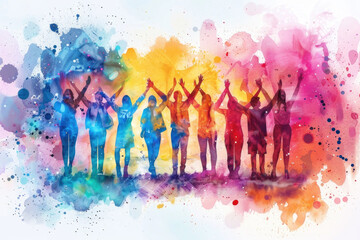 Silhouette of a group raising their hands in unity against a vibrant watercolor backdrop