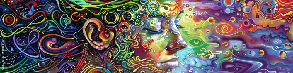 Poster a vibrant painting showcasing a womans face intertwined with colorful swirling patterns, creating a 