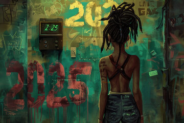 A woman with dreadlocks stands confidently in front of a vibrant graffiti-covered wall