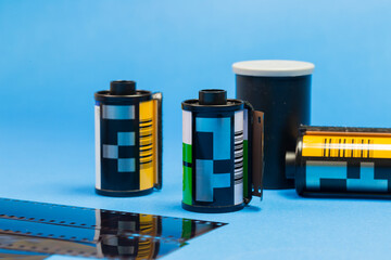 35mm positive filmstrips with empty frames, real scan of film material with cool scanning light interferences on the material. 