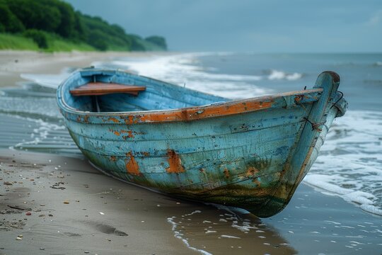 The detailed image showcases an old weathered boat resting on a sandy beach with waves crashing in the background