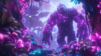 A gentle giant lumbers through a twilight forest aglow with radiant plants