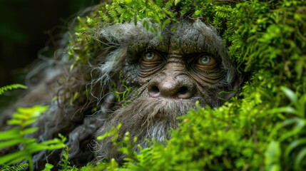 A creature with intense eyes peers out from a thick layer of green moss, blending in seamlessly with its surroundings