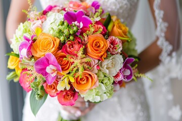 Close-up of the bride's stunning bridal bouquet, showcasing an array of vibrant blooms in various hues 01