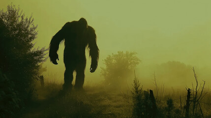 A large, hairy creature known as Bigfoot standing in the midst of a vast field, towering over the landscape with its mysterious presence - obrazy, fototapety, plakaty