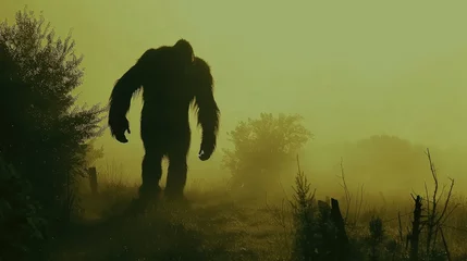 Deurstickers A large, hairy creature known as Bigfoot standing in the midst of a vast field, towering over the landscape with its mysterious presence © sommersby