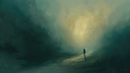Naklejka premium A lone person strolls along a forest path amidst swirling morning fog, with sunlight piercing through