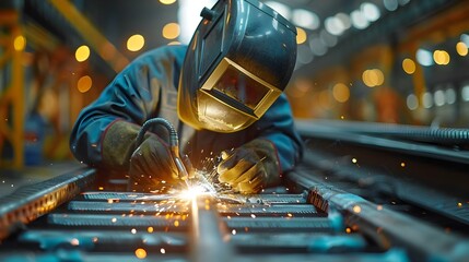 Welder at Work: Precision and Sparks in Steel Crafting. Concept Metal Fabrication, Industrial Work, Welding Techniques, Steel Crafting Process, Precision Tools