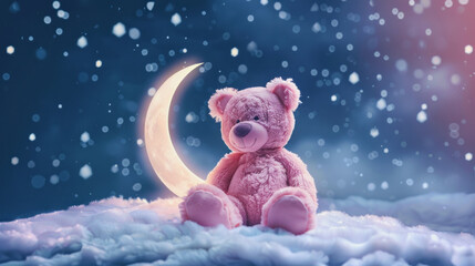 illustration of a pink cuddly teddybear with a moon on a cloud, night sky background