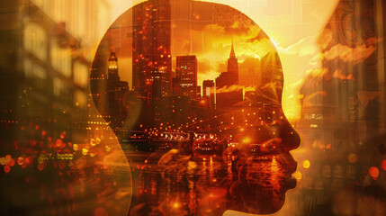 A double exposure featuring a persons head superimposed over a city skyline in the background