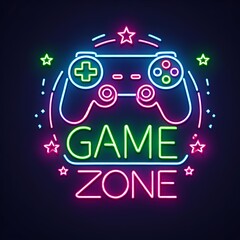 A Neon sign style game zone illustration on a dark blue background with game controllers in neon lights, detailed with buttons and little stars scattered around, Generative Ai.
