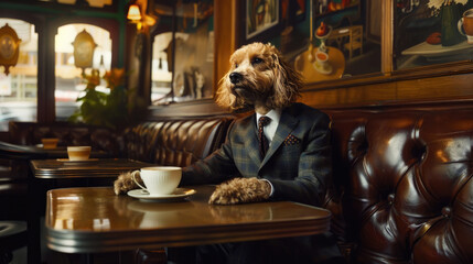 A dog dressed in a suit sitting at a table, holding a cup of coffee