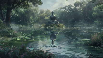 A Buddha statue sits peacefully on top of a dense, green forest with trees and foliage surrounding it