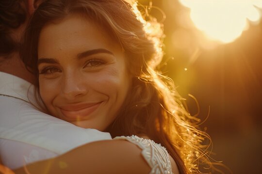 Close-up of a young brunette bride embracing her partner, radiating love and happiness in the warm sunlight of their wedding 01