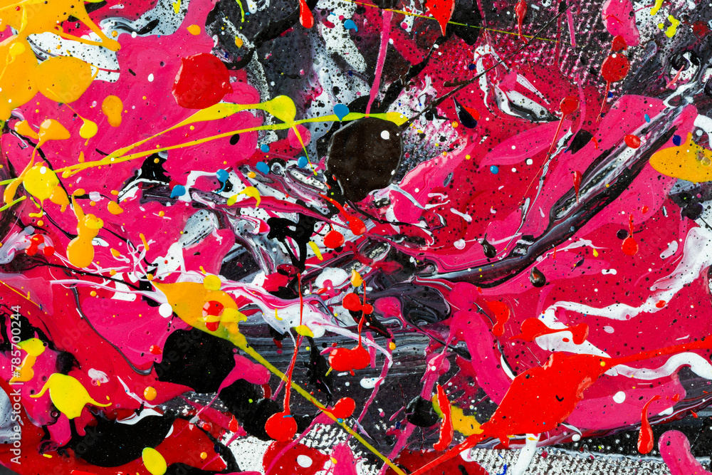 Poster macro close-up of an abstract, messy, vibrant and very colorful acrylic paint background. splashes, 