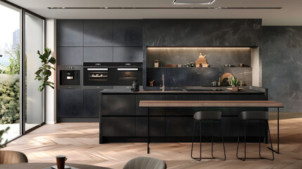 A modern kitchen with state-of-the-art appliances and a central island.