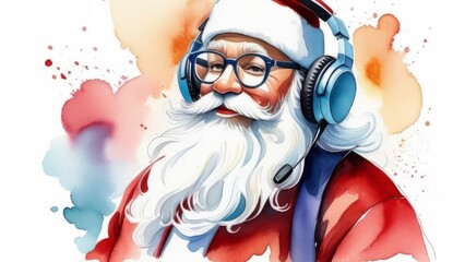 Santa Claus as a call center operator, watercolor style - Funny illustration for Christmas