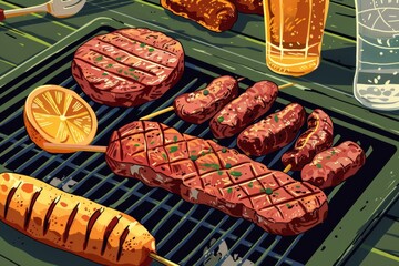 A lively illustration depicting a summertime grill with drinks, perfect for BBQ invitations and summer party promotions.