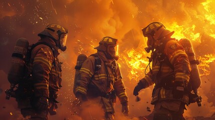 Firefighters share a moment of camaraderie after a blaze, embodying the spirit of International Firefighters' Day. - obrazy, fototapety, plakaty
