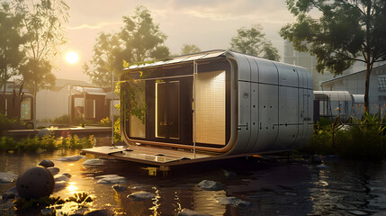 A modular and transportable housing unit designed for quick deployment in emergency situations or as temporary accommodations featuring solar panels and rainwater harvesting. - obrazy, fototapety, plakaty