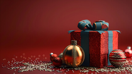 The red minimal scene with a Christmas gift box and gold ornament on a red background. 3d rendering.