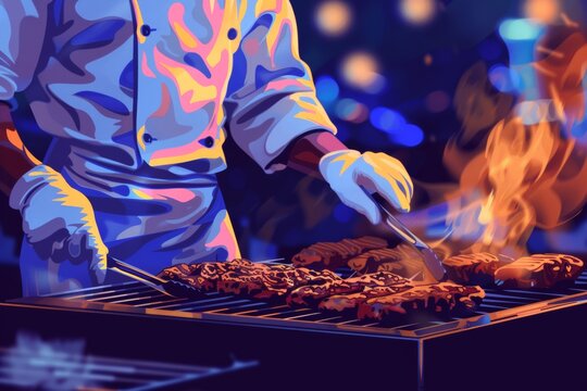 A colorful and stylized chef grilling meat at a barbecue, great for culinary event posters and vibrant menu designs.