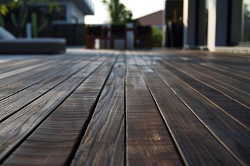 Sleek, dark wooden deck flooring stretching into the distance, ideal for modern outdoor living spaces.