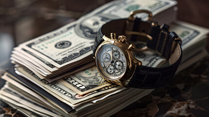 A luxury watch and a stack of cash juxtaposing the value of time and money emphasizing investment and wealth accumulation.