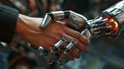 Fototapeta na wymiar A robot's hand shakes a person's hand.