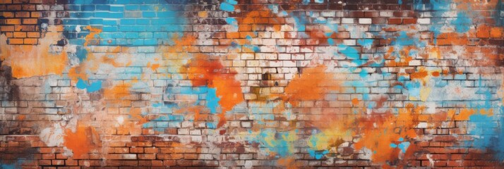 Urban Graffiti Art On Weathered Brick Wall. Grunge Textured Brick Wall. Generative AI