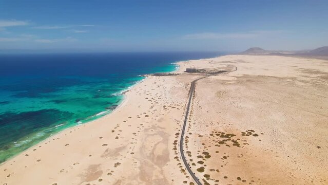 Aerial view of Medano beach (Playa del Medano) in Corralejo Park, Fuerteventura island, Spain