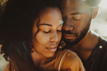 Up-close perspective of a couple sharing a final embrace, their faces illuminated by sunlight, conveying the bittersweet emotions of divorce, yet hinting at newfound freedom 02 - obrazy, fototapety, plakaty