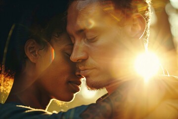 Up-close perspective of a diverse couple sharing a final embrace, their faces illuminated by sunlight, conveying the bittersweet emotions of divorce, yet hinting at newfound freedom 01 - obrazy, fototapety, plakaty