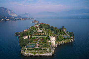 Lake Maggiore, island, Isola Bella, Italy. Isola Bella and Stresa town aerial panoramic view. Isola Bella is one of the Borromean Islands of Lake Maggiore in north Italy.