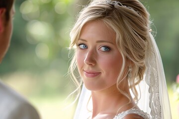 Naklejka premium Up-close perspective of a blonde bride's blue eyes twinkling with happiness as she gazes at her soon-to-be spouse during the wedding ceremony, their love shining brightly for all to see 02
