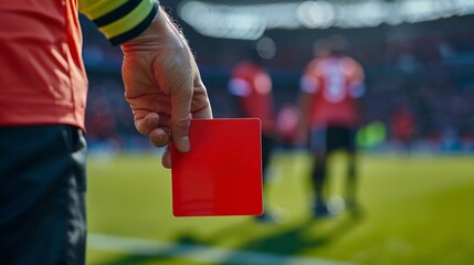 Soccer referee in official dress showing a red card and blurred soccer field background with soccer players on the field - obrazy, fototapety, plakaty