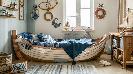 A nautical-themed kids room with a boat-shaped bed and marine decorations.