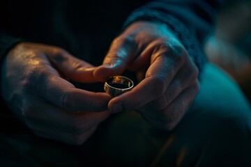 Intimate view of someone removing a wedding ring, bathed in warm light, symbolizing closure, with a tilt to convey emotional turmoil. Colors evoke nostalgia and melancholy - obrazy, fototapety, plakaty