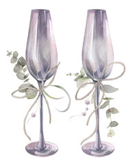 The wine glasses decorated with wedding flowers.  Hand painted watercolor illustration.
