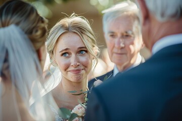 Intimate view of a young blonde bride's blue eyes welling up with tears of joy as she shares a heartfelt moment with her father before walking down the aisle, surrounded by love and support 02