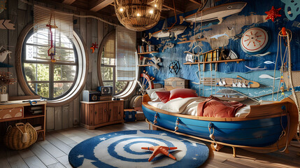 A nautical-themed kids room with a boat-shaped bed and marine decorations.
