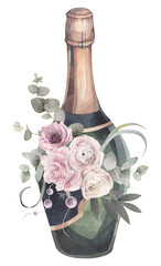 A bottle of sparkling wine decorated with wedding flowers on a white background. Handmade watercolor illustration.