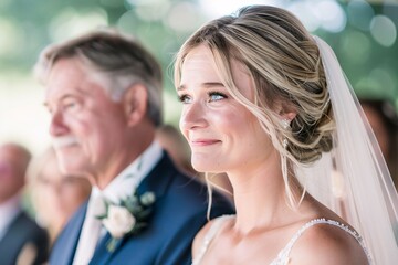 Intimate view of a young blonde bride's blue eyes welling up with tears of joy as she shares a heartfelt moment with her father before walking down the aisle, surrounded by love and support 03