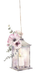 An antique lantern decorated with wedding flowers.  Hand painted watercolor illustration.