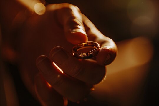 Intimate view of a hand removing a wedding ring, bathed in warm light, marking the end of marriage. The angle depicts contemplation and acceptance.