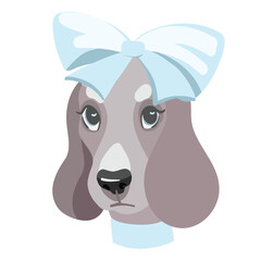 cartoon vector cocker spaniel with a bow, portrait of a dog on a white background