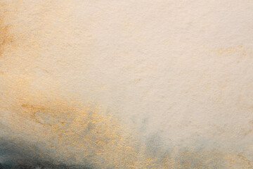 Gray, Beige, gold glitter ink watercolor smoke flow stain blot on wet paper grain texture background. - 785702265