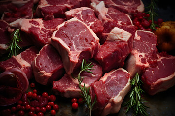 Wild boar chops on a fresh meat market
