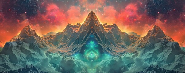 A surreal digital artwork depicting cosmic mountain landscape vibrant nebula sky.The symmetrical composition ethereal glow create sense of mystery wonder,portal to fifth dimension,otherworld